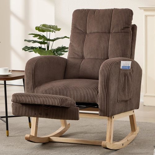 NIOIIKIT Nursery Rocking Chair, Corduroy Upholstered Rocking Chair with Adjustable Footrest, Tufted Rocker Chair with Side Pocket, Glider Rocker for Living Room, Bedroom (Brown Retro)