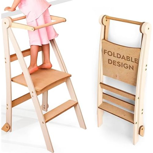 Wooden Montessori Foldable Toddler Standing Stool – Space-Saving Step Stool for Children with Anti-Tip Protection, Stool for Children, Foldable Kids' Step Stool