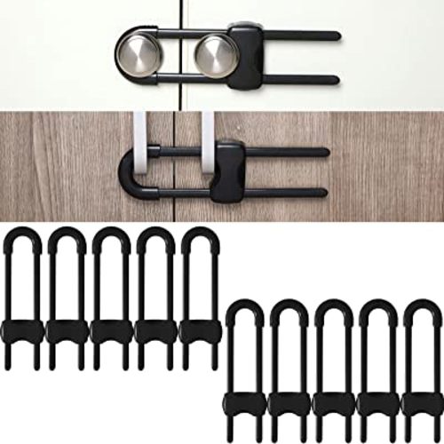 Jetec 10 Pieces Cabinet Locks for Babies, U-Shaped Proofing Drawers Safety Child Locks Adjustable, Easy to Use Childproof Latch for Knob Handle on Kitchen Door Storage Cupboard Closet (Black)