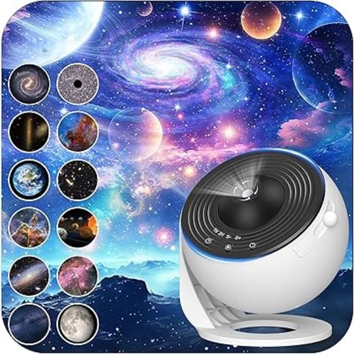 Galaxy Projector for Bedroom, HD Image Star Projector Galaxy Light Adjustable Knob, 13 Film Discs Planetarium Projector for Kids, 360° Rotating 1/2h Timer Simple 3-Button Control