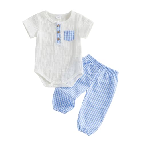 Amiblvowa 0 3 6 12 18 Months Baby Boy Summer Clothes Basic Romper Plaid Pant Set Newborn Infant Going Coming Home Outfits