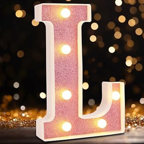 Small Led Marquee Letters, Light Up Letters, 8.58 Inch Led Letter Lights, Battery Powered Lighted Sign for Table, Party, Birthday, Christmas Decor (Pink Glitter, Letter L)