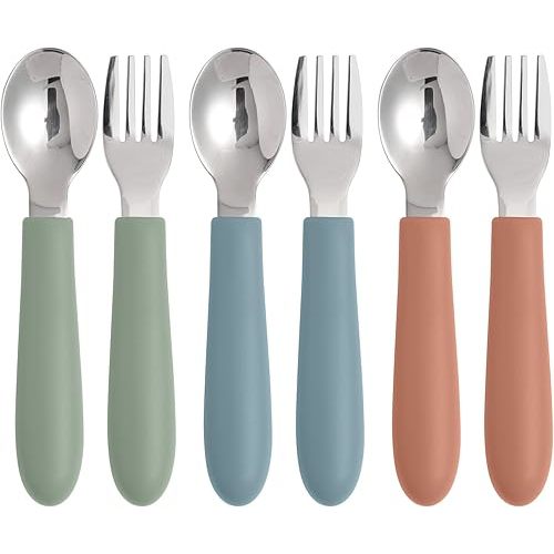 Toddler Utensils, Kids Silverware with Silicone Handle, Spoons and Forks Set, 18/8 Stainless Steel Children Safe Feeding Supplies, 6 Pack, Dishwasher Safe