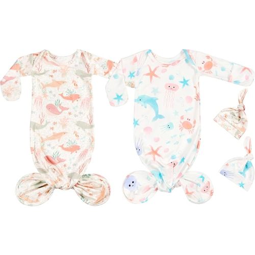 Newborn Baby Boy Long Sleeve Sleeper Gown with Mittens Knotted Gown Coming Home Outfit Nightgown Hat Set 2 Pieces
