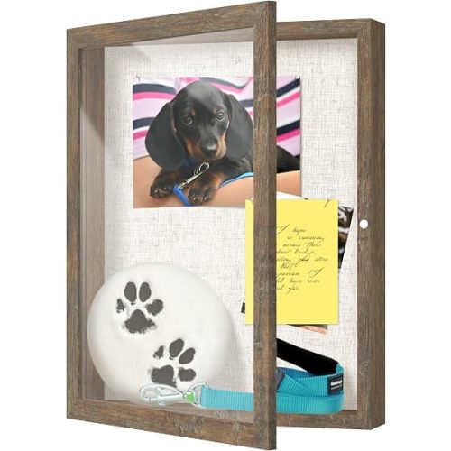 FrameWorks 11x14 Deep Shadow Box Frame, Wooden Display Case w. Linen Board & Tempered Glass Door - Brown Woodgrain - Medium - Wall Mounted