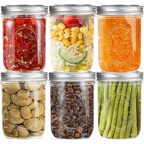 Regular Mouth Glass Mason Jars 16 oz, 6 Pack Glass Canning Jars with Metal Airtight Lids and Bands and Measurement Marks, for Canning, Preserving, Overnight Oats, Jam, Jelly, Food Storage, DIY etc