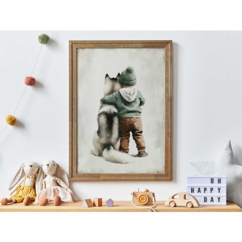 Siberian Husky Nursery Decor, Boy and Dog Print, Husky Print, Rustic Nursery, Puppy Nursery Print, Boy's Room Decor, Printable Kids Wall Art