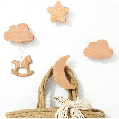 JarThenaAMCS Wood Wall Hooks Baby Nursery Coat Hooks Star Moon Cloud Shaped Wooden Heavy Duty Wall Hook for Hanging Hats,Towels,Clothes, Set of 4