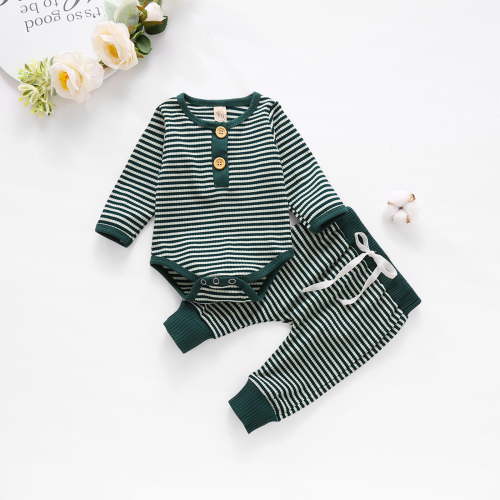 EGNMCR Newborn Infant Baby Boys Girls Long Sleeve Striped Romper Bodysuit+Pants Set Jumpsuit Onesie Playsuit One Piece Bodysuit Fall Clothes (Green) Baby