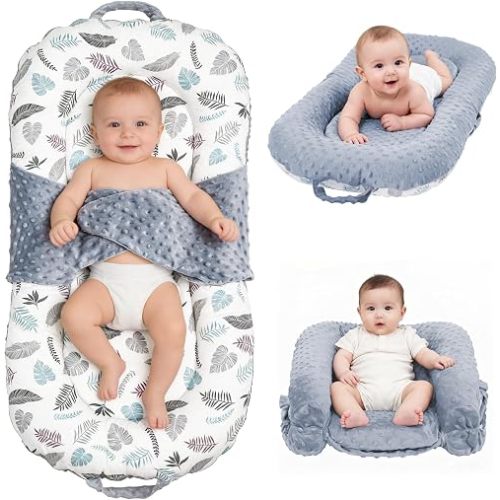 Infant Support Cushion, 3-in-1 Portable Baby Support Cushion for Newborns 0-24 Months, Foldable Sitting Seat with Removable Cover, Dual-Sided 100% Cotton and Velvet, Grey Small Leaves