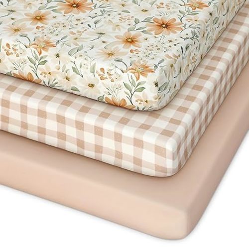 Pack and Play Sheets Fitted 3 Pack, Mini Crib Sheets for Pack N Play Mattress Stretchy Portable Playard Sheets, Soft Breathable Orange Flowers & Plaid