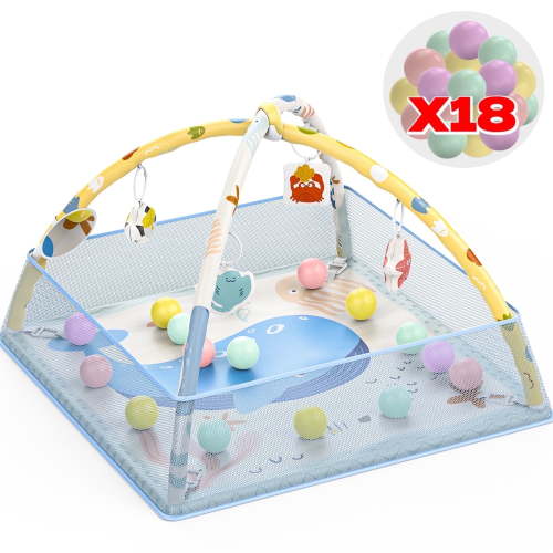WonderStone 5-in-1 Baby Gym & Play Mat, Tummy Time Toys with Sensory Toys & 18 Balls for Newborns and Infants 0-12 Months, Whale