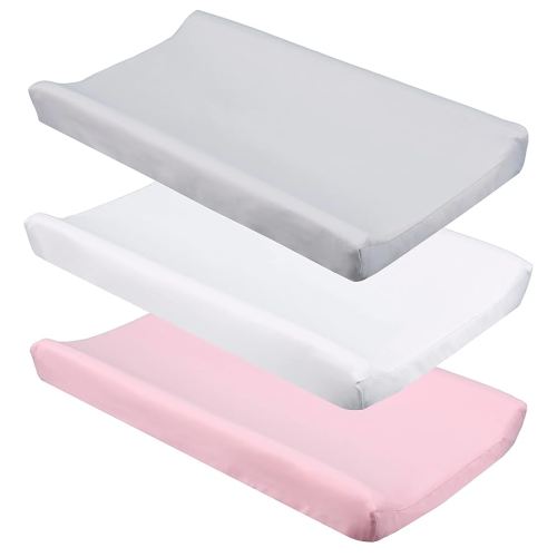 CaSaJa Diaper Changing Pad Cover for Baby Girls Set of 3, Snug Fit 4-Sided Contoured Changing Table Pad 16x31 16x32, Fitted Change Pad Sheet Gray White Pink, 100% Silky Soft Breathable Microfiber