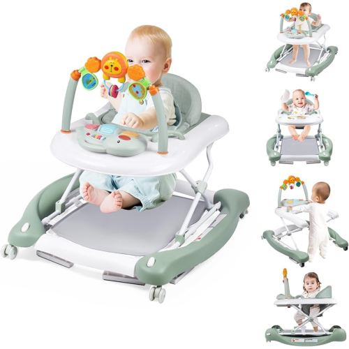 Baby Walker, 5-in-1 Baby Walkers for Boys and Girls 6-12 Months with Bouncer, Removable Footrest, Feeding Tray & Music, Foldable & Adjustable Activity Walker for 6-18 Months Toddler Infant