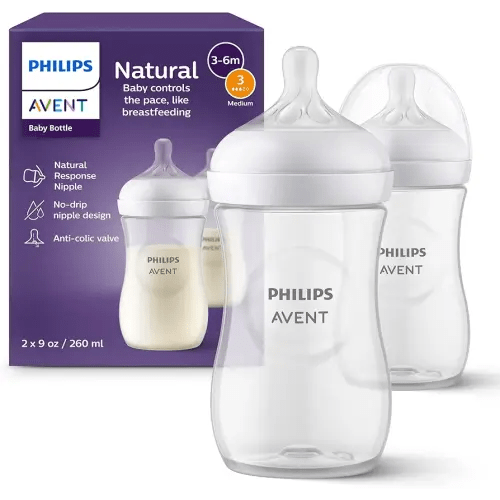 Philips Avent Natural Baby Bottles with Natural Response Nipples (Medium Flow, Flow 3), 9oz, 2-Pack, SCY903/02
