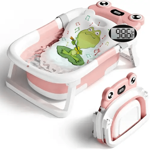 Baby Bathtub, Collapsible Newborn Bathtub for Infant to Toddler 0-24 Months with Soft Cushion and Thermometer,Portable Travel Newborn Tub with No-Slip Feet, Baby Shower Gifts,Pink