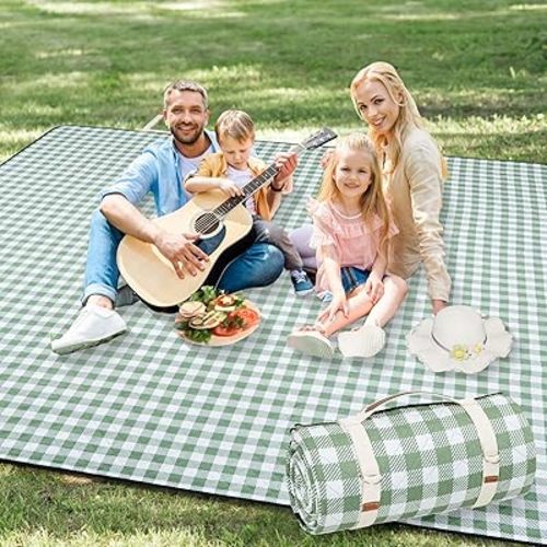G GOOD GAIN Picnic Blankets Outdoor Extra Large - 80"x80" Portable Waterproof Picnic Blanket, Machine Washable 3-Layer Foldable Park Mat with Sandproof Backing for Grass, Hiking, Travel (Olive Green)