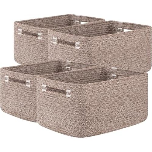 OIASKET 4Packs Natural Cotton Rope Storage Baskets for Organizing Toys, Clothes, Towels & Books, Soft Versatile Organizers for Shelves, Home Decorative Bins, 15.7''Lx11.8''Wx7.8''H, Linen Brown