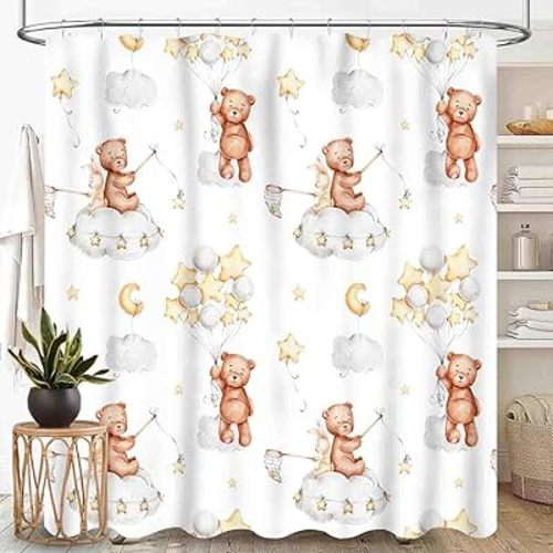 Cartoon Bear Shower Curtain, Kids Boys Girls Cute Lovely Bear Star Cloud Ballon Pastel Waterproof Fabric Bathroom Shower Curtain Set with Hooks, 72"x72" Inch