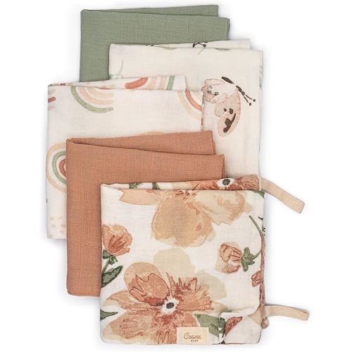 Crane Baby Wash Cloth Set, 100% Cotton, Set of 5 Baby Washcloths, Pink Floral Theme, Newborn Muslin Washcloths, Newborn Baby Gift, Baby Registry Gift