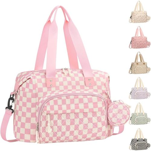 Tenot Diaper Bag Tote, Baby Bag with Pacifier Case, Pink Checkered