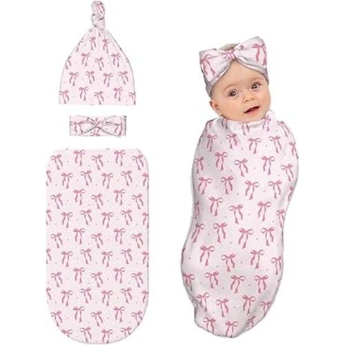 Pink Bow Baby Stuff Swaddle Blanket for Girls, Soft Newborn Swaddling Sack Shower Gift with Hat and Bow Set