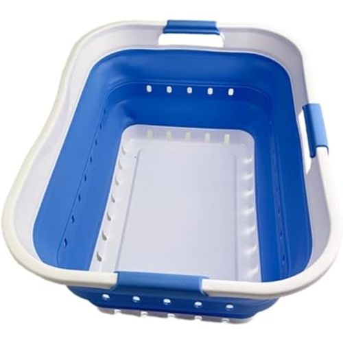 SAMMART 42L (11 gallon) Collapsible Plastic Laundry Basket - Foldable Pop Up Storage Container/Organizer - Space Saving Hamper/Basket (1, White/Little Boy Blue)