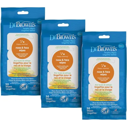 Dr. Brown's Nose and Face Healthy Wipes, Safe Cleaning and Moisturizing for Babies and Toddlers, Hypoallergenic for Sensitive Skin, 30 count, 3-Pack (Packaging May Vary)