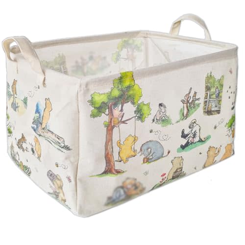 Winnie Laundry Storage Basket, Pooh Storage Basket, Foldable Canvas Laundry Hamper with Waterproof PE Coating Diaper Clothes Toys Storage, Storage Baskets for Nursery, Bear Baby Shower Gifts