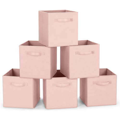 Foldable Fabric Cube Storage Bins 10.5×10.5×11, Pink Closet Organizer Containers, Set of 6 for Bedroom and Household Storage