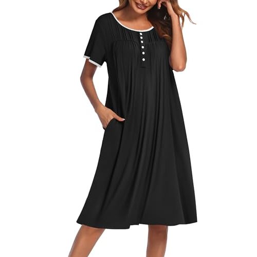 Ekouaer Womens House Dress Moomoo Nightgown with Pockets Short Sleeve Mumu Nightgown Button Down Sleepwear