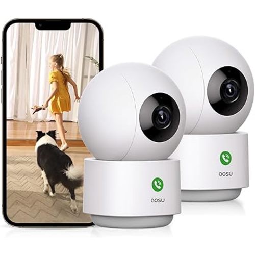 AOSU 2K Security Camera Indoor, Baby Monitor Pet Camera One-Touch Call, Smart Motion Tracking, IR Night Vision, Compatible with Alexa, 2 Pack