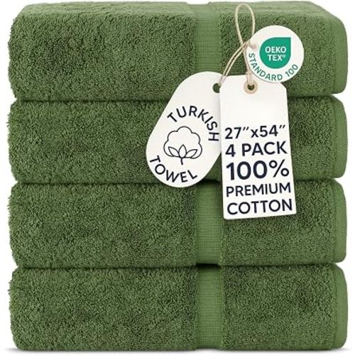 Chakir Turkish Linens 4 Piece Bath Towel Set, 100% Cotton Luxury Turkish Towels for Bathroom, Soft Absorbent Bath Towels, 27 x 54 Inches, Moss