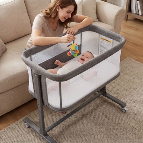 TODECARE Baby Bassinet Bedside Sleeper, 2 in 1 Bedside Sleeper with Wheels, All-Sided Mesh Infant Travel Crib for Toddlers, Gray