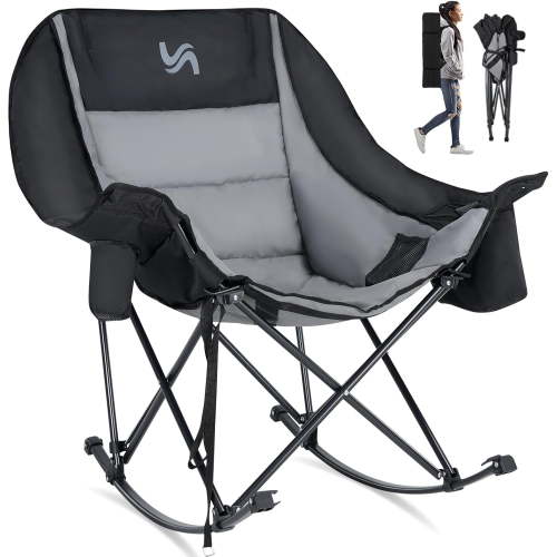 Slsy Oversized Rocking Camping Chair, Fully Padded Patio Chair with Cooler Bag and Side Pocket, High Back Portable Lawn Recliner Rocker Chairs for Camp, Patio, Supports 400 lbs