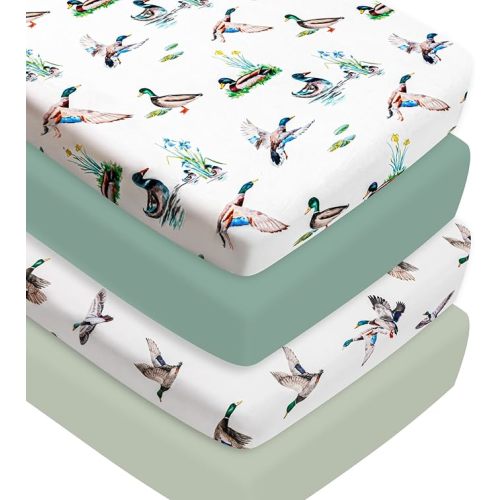4 Pack Mallard Duck Baby Crib Sheets Neutral Unisex Breathable Fitted Nursery Sheets for Baby Girl or Boys (Crib Sheet)
