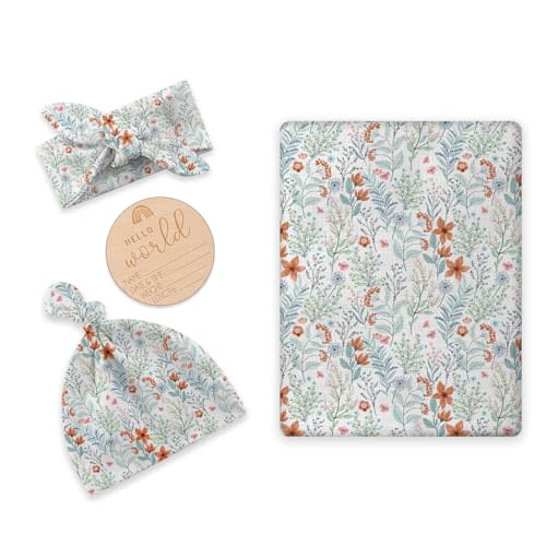 Newborn Swaddle Set with Matching Hat and Bow Set, Floral Baby Girl Newborn Receiving Blankets Baby Swaddle Nursery Wildflower Baby Blanket, Wooden Birth Announcement Card