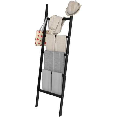 Blanket Ladder, Bamboo 5-Layer Towel Racks, Blanket Quilt Towel Holder Rack Decorative Ladder, Easy Assembly, Rustic Farmhouse Ladder Shelf for Living Room, Bedroom, Bathroom, Home Decor, Black