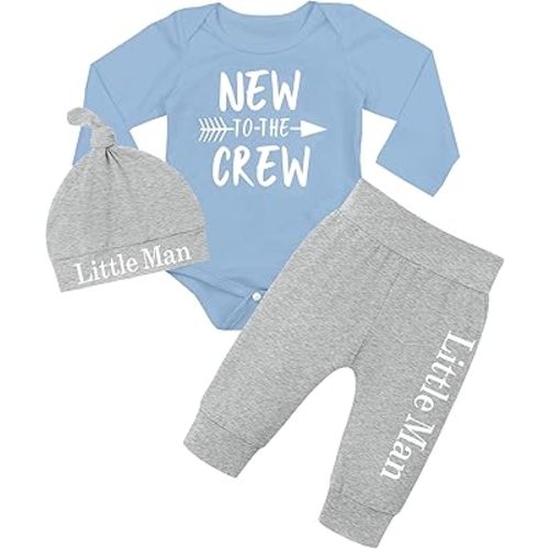 Fommy Newborn Baby Boy Clothes New to The Crew Letter Print Romper+ Pants+Hat 3PCS Outfit