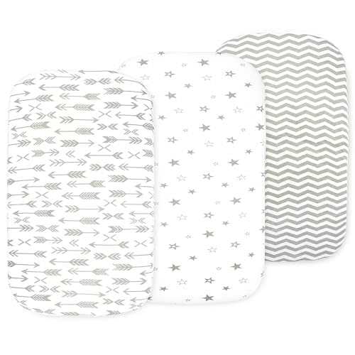 Bassinet Sheets for Baby Girl & Boy – 3-Pack Soft Fitted Bassinet Sheets, Organic Cotton, Breathable & Cozy, Fits 32x16x4 Inch Rectangle, Oval & Hourglass Mattresses (Grey/White)