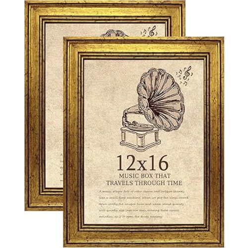 12x16 Picture Frame with Real Glass set of 2-Vintage Frames - Antique Style Frames for Wall - Ornate Frame for Rustic Gold Office or Home Decor Display Family Friends Wedding Gift