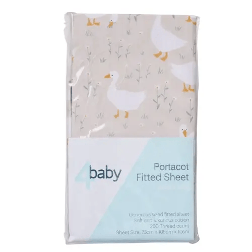 4Baby Percale Portacot Fitted Sheet Happy Goose Natural | Baby Bunting AU