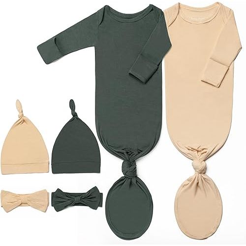 Newborn Baby Knotted Gown, Ultra-Soft Infant Sleeper Coming Home Outfit with Hat, Bowknot (2 Packs)