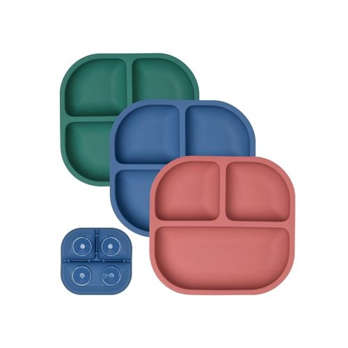 Babelio Powerful Suction Plates for Baby and Toddler, 100% Food Grand Silicone, Divided, BPA Free, Microwave & Dishwasher Safe, Stay Put, 3 Pack