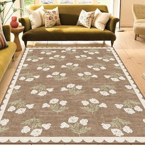 Boho Tan Living Room Rug 6x9 - Soft Washable Floral Neutral Farmhouse Scalloped Bedroom Area Rug Stain Resistant Dining Room Rugs for Under Table Non Slip Rugs for Bedroom Living Room Decor