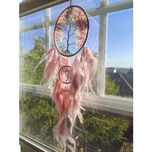 Handmade Crystal Tree of Life Dreamcatcher: Pink Feather Boho Decor-gift for house warming-valentines day gift