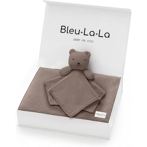 Baby Gift Set - Organic Cotton Newborn Blanket and Lovey Security Blanket Set, Newborn Gifts, Baby Boy Shower Gifts (Lovey - Bear - Milk Chocolate)