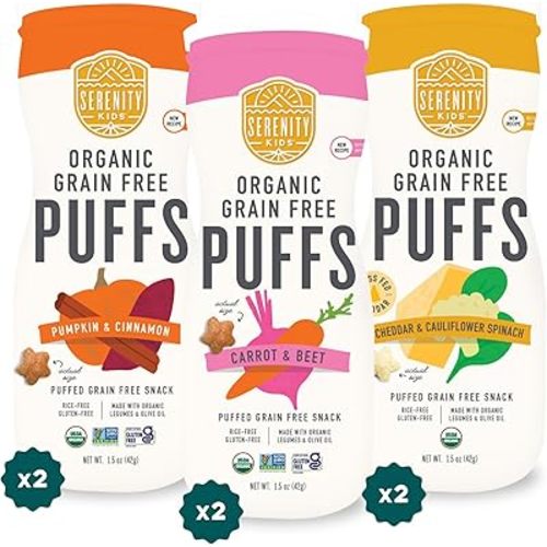 Serenity Kids 6+ Months Baby Puffs - Pack of 6, 1.5 Oz, Variety Pack - USDA Organic Grain Free Puffs - Healthy Snacks for Kids with Veggies & Olive Oil - Dissolvable Finger Food for Toddler Snacks