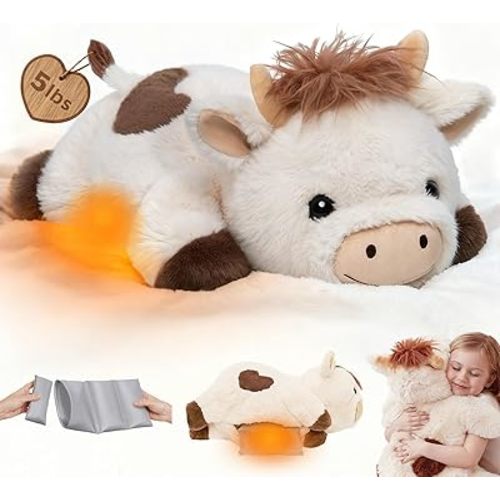 Mewaii Weighted Stuffed Animals with Microwavable Heating Pad - 5 lbs Adjustable, Heatable & Coolable Cow Plush for Realistic Hug, Removable Inner Pad, Perfect Plush Gift for Kids, Adults (23 Inch)