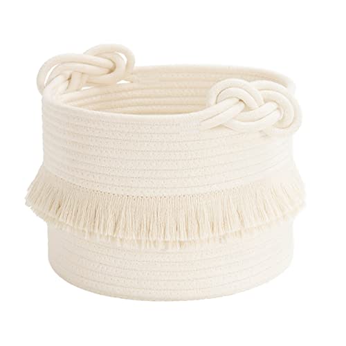 CherryNow Small Woven Storage Baskets Cotton Rope Decorative Hamper for Diaper, Blankets, Magazine and Keys, Cute Tassel Nursery Decor - Home Storage Container – 9.5'' x 7'' Off-white